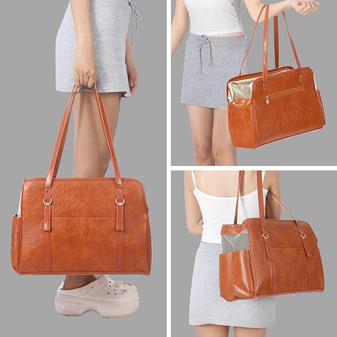 Dog Carrier Purse, Fashion Leather Pet Carrier with Pockets, Airline Approved Soft Sided Dog Carrying Bag for Puppy Cat Dog Brown-Mewly Pet