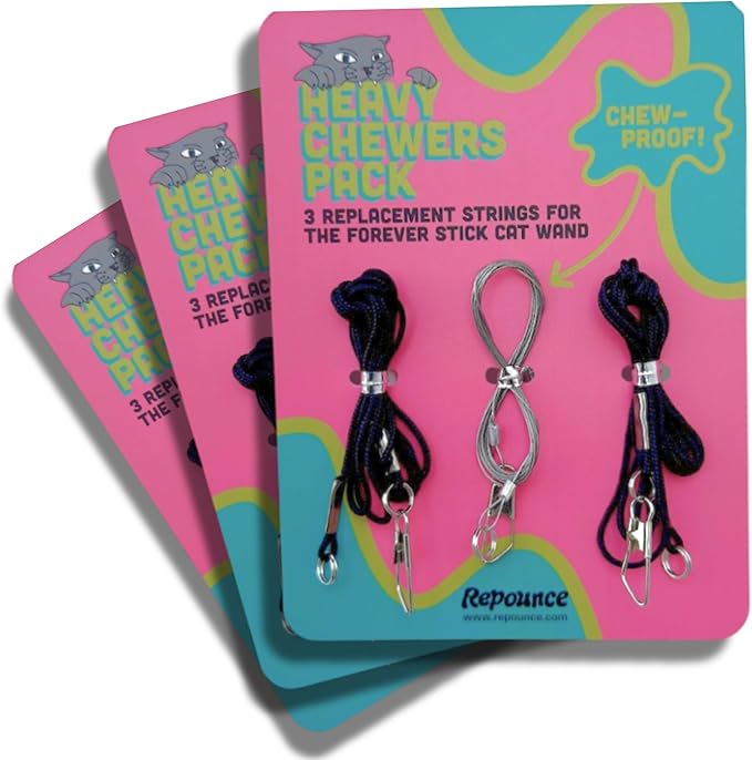 Replacement Strings for Cat Wand Toy - 3-Pieces - Chew-Proof Metal String Wire and 2 Durable Paracord Strings - Heavy Chewers Pack Cat Wand Toy Refill Strings (9 Replacement Strings)-Mewly Pet