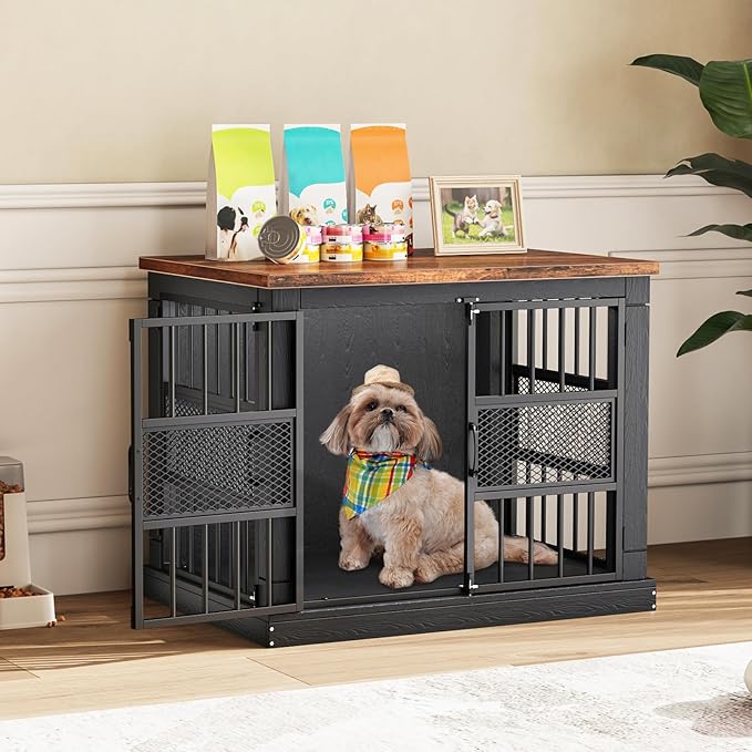 VOPEAK 27.5" Dog Crate Furniture, Chew Resistant Dog Crate for Small Dogs Puppy, Heavy Duty Dog Crates Dog Kennel Cage Indoor with Double Doors, Wooden End Table for Bedroom Living Room, Black-Mewly Pet