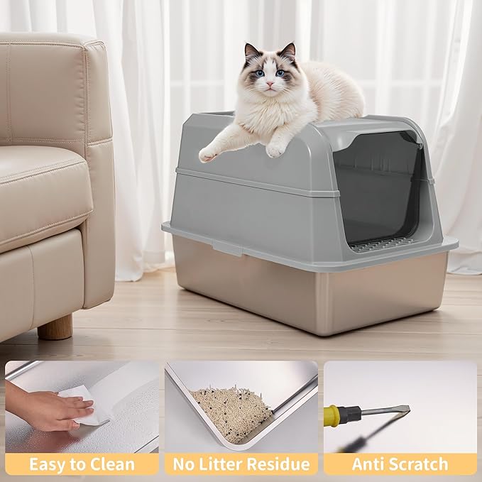 Stainless Steel Litter Box with Lid, XL Extra Large Cat Litter Box, Enclosed Metal Litter Pan with High Sided Enclosure & Scoop, Anti Leakage, Easy to Clean, Odor Control(Grey)-Mewly Pet
