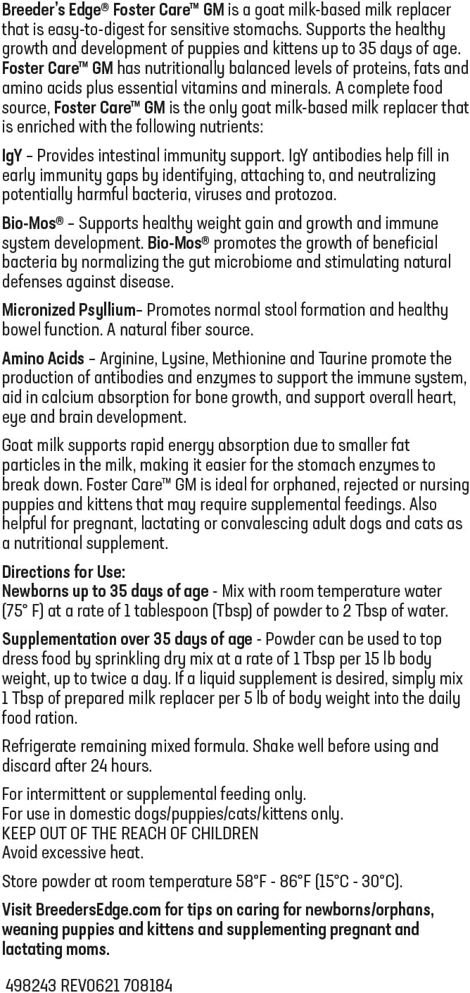 Breeder's Edge Foster Care GM - Goat Milk Based Powdered Milk Replacer - Puppies , Kittens , Cats & Dogs Formula - Easy Digestion - 5 lb-Mewly Pet