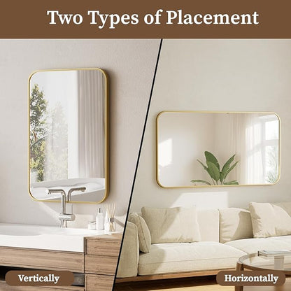 BEAUTYPEAK Gold Rectangular Bathroom Mirror - 30" x 40" Wall Mounted Aluminum Alloy Frame Mirror with Rounded Corners for Bedroom Living Room, Horizontal or Vertical