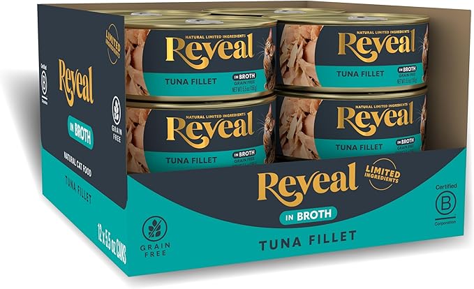 Reveal Natural Wet Cat Food, 12 Count, Grain Free, Limited Ingredient Canned Food for Cats, Tuna Fillet in Broth, 5.5 oz Cans-Mewly Pet
