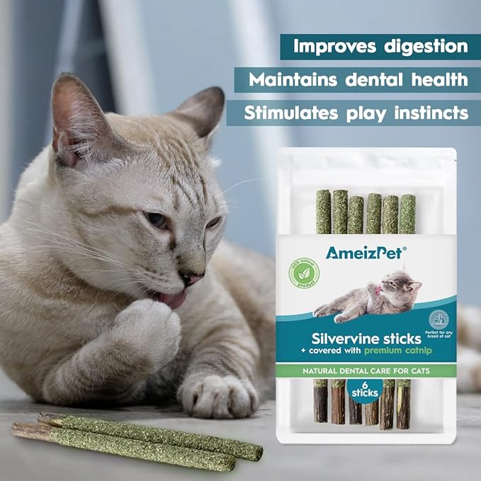 Silvervine Sticks for Cats, Chew Sticks Covered with Catnip Dust - Natural Matatabi Cat Dental Care, Silvervine Cat Teeth Cleaning, 6 Pcs-Mewly Pet