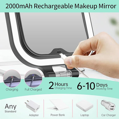FASCINATE 20X Magnification Rechargeable Travel Makeup Mirror, 7" Lighted Portable Vanity Mirror with 3 Colors Lighting & Stepless Dimming, Double Sided LED Mirror, Gift for Women (Black)