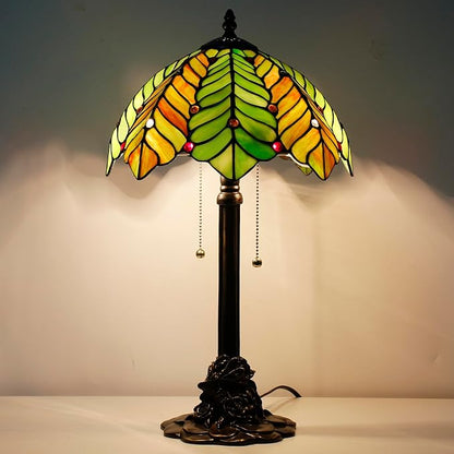 Tiffany Stained Glass Table Lamp 12X12X21Inch Resin Base Desk Bedroom Living Room Reading Light (Brown Green Leaf)