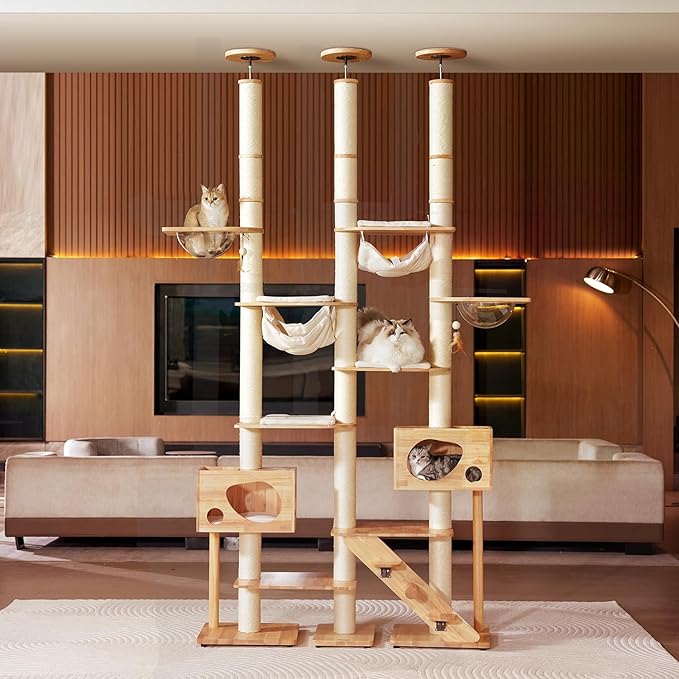 Wood Cat Tree for Indoor Cats, Modern Cat Tower, Unique Cat Condo with House, Tall Luxury Furniture with Heavy Duty Wide Base, Kraft Paper Rope Scratching Post, Removable Cushion (96.5-118.1 inch)-Mewly Pet