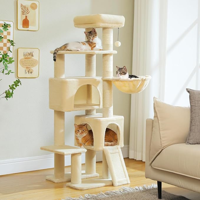 PAWZ Road Cat Tree, 51.6 Inches Cat Tower with Dual Condos, Spacious Perch, Cozy Basket and Sisal-Covered Scratching Posts for Indoor Cats- Beige-Mewly Pet