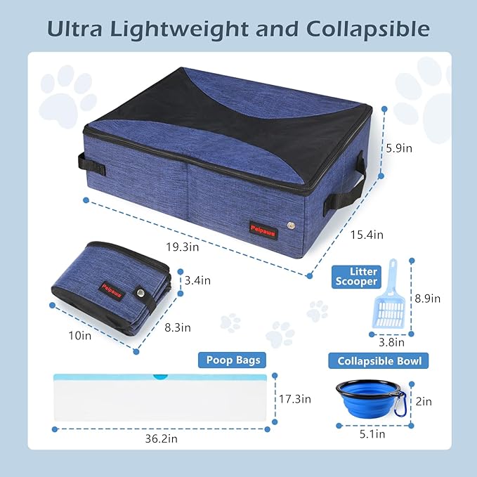 Portable Cat Travel Litter Box. Zipped Lid, Collapsible Litter Box for Cats. No Leakage, No Smell. Easy to Carry. Used for Hotels, Camping, Car (Blue,L)-Mewly Pet