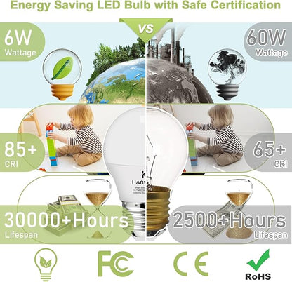 hansang E26 Ceiling Fan Light Bulbs, 4000K Natural Daylight, 60 Watts Equivalent, A15 LED Small Light Bulb, E26 Standard Base Refrigerator Light Bulb, 600lm, 120V, CRI85+, 120V, Non-Dimmable 6 Pack