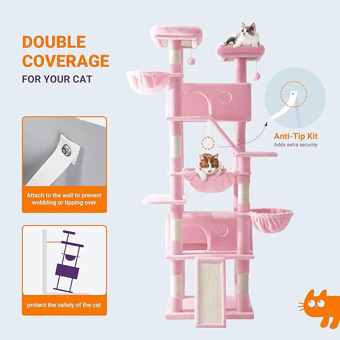 Allewie 81 Inches Tall Cat Tree/Multi-Level Large Climbing Tree House and Towers for Big Feline/Condo and Hammock/Scratching Post/Wide Base/Pink-Mewly Pet