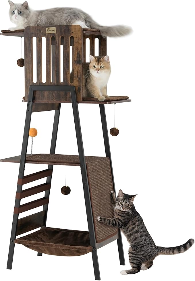 FourFurPets Modern Cat Tree, 58-Inch Cat Tower for Large Cats, Maine Coon Cat Tree with Scratching Board, Large Perch, Hammock and Removable Pads, Rustic Brown-Mewly Pet