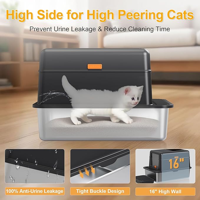 Enclosed Stainless Steel Litter Box with Lid, 20L Metal Enclosed Litter Box for Big Cat, Flip-Top Design with Anti-Leakage High Sides, Cat Lovers Gifts（Black）-Mewly Pet