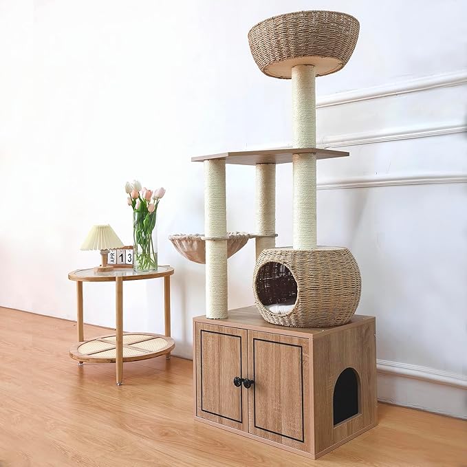 56.7" Tall Rattan Cat Tree for Indoor Cats, Multi-Level Wooden Cat Tower with Scratching Posts, Large Cat Climbing Furniture with Perches-Mewly Pet