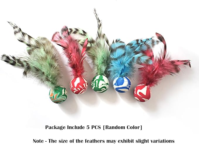 Cat Toy Balls, 5 PCS Colorful Feather Bouncy Balls for Cats No Noise Interactive Kitten Toys Cat Exercise Ball, Safe for Your Kitty (C)-Mewly Pet