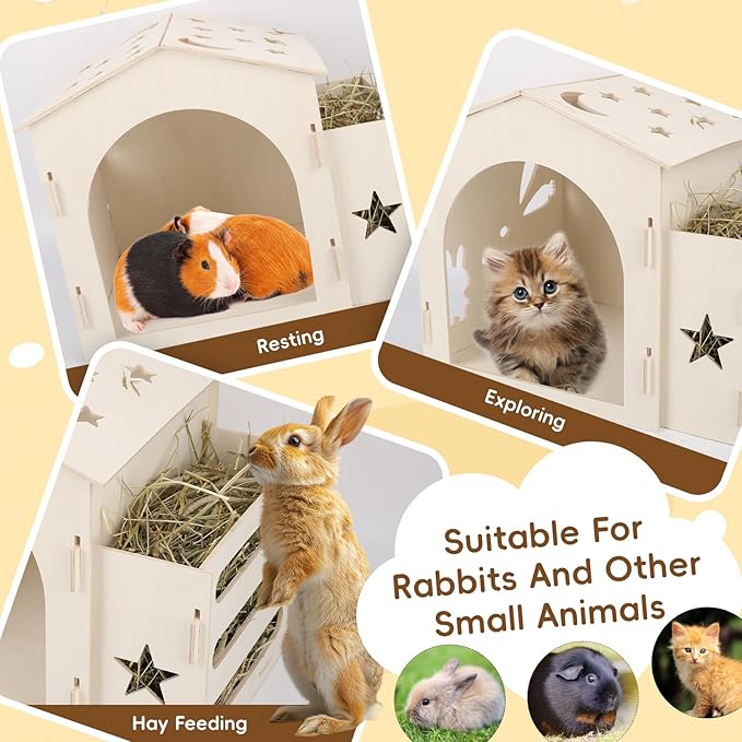 Extra Large Rabbit House & Rabbit Hay Feeder, Indoor Bunny Hideout with Feeder, Small Animal Houses & Habitats and Guinea Pig Hay Feeder-Mewly Pet