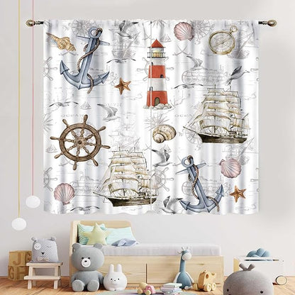 Nautical Kitchen Curtains, Vintage Marine Coastal Sailboat Compass Anchor Ocean Beach Lighthouse Watercolor Decorative Drapes for Bedroom Living Room Kitchen Bathroom Window 2 Panels Set, 63"x63" Inch