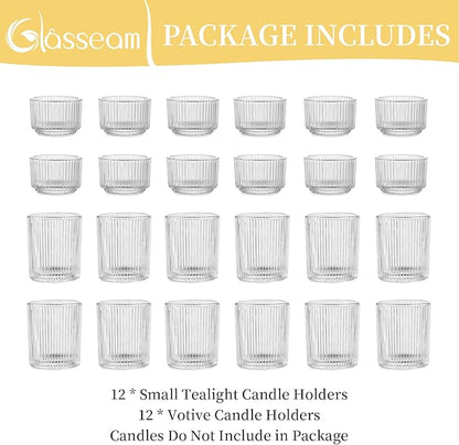 Glasseam Clear Glass Votive Candle Holders: Small Tea Light Candle Holders in Bulk, Ribbed Vintage Candle Holder Set of 24, Decorative Tealight Holders for Wedding Centerpieces Party Decorations