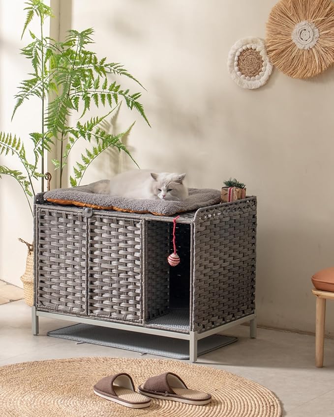 Cat Litter Box Enclosure Furniture with Divider, Handwoven Rattan Litter Box with Mat, 31.2 x 19.6 x 24.2 Inches, Metal Heightened Feet, Hidden Cat House for Living Room, Bedroom (Gray)-Mewly Pet