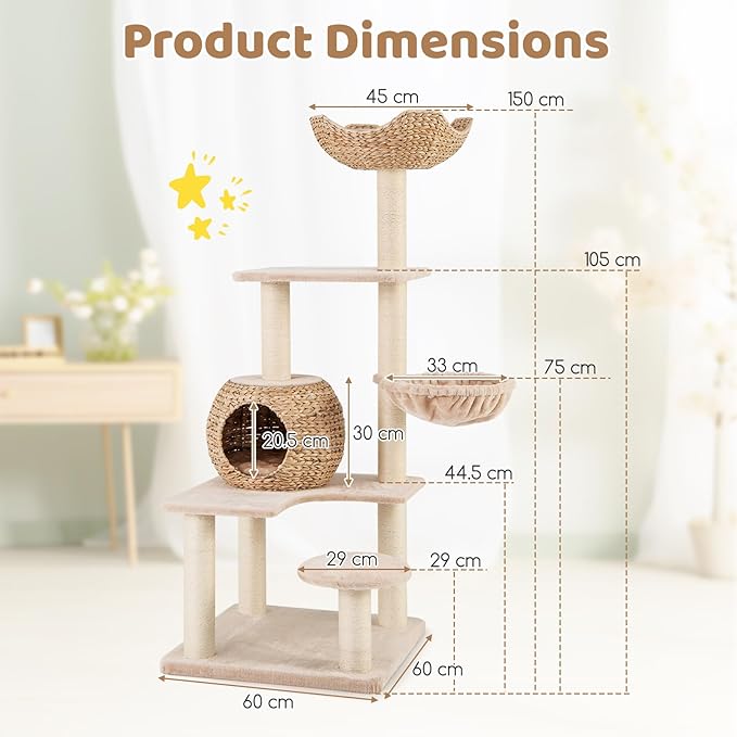 PETSITE 59 inch Cattail Cat Tree Tower, Multi-Level Cat Tower with Natural Sisal Scratching Posts, Condo, Basket, Top Perch and Jumping Platforms, Modern Tall Cat Tree for Indoor Cats-Mewly Pet