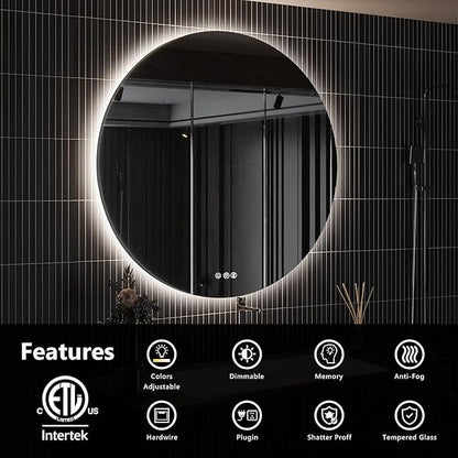 ROOMTEC 40" LED Round Mirror, Wall-Mounted, 6000K Backlit, Dimmable Lighted Bathroom Vanity, Anti-Fog