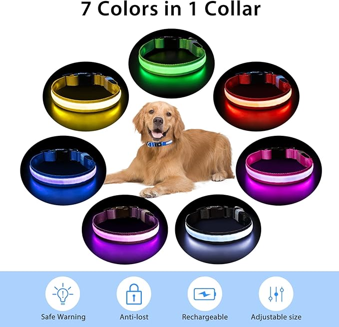 PcEoTllar Light up Dog Collar for Night Walking - LED Dog Collar Light Rechargeable Color Changing, Glow in The Dark Dog Collars Waterproof Glowing Dog Collars for Large Small Medium Dogs-Mewly Pet