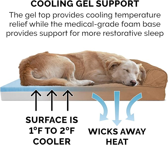Furhaven Cooling Gel Dog Bed for Medium/Small Dogs w/ Removable Bolsters & Washable Cover, For Dogs Up to 35 lbs - Quilted Sofa - Toasted Brown, Medium-Mewly Pet