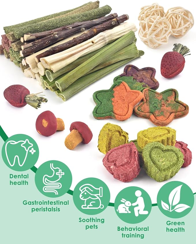 ERKOON 53 Bunny Chew Toys for Rabbits Teeth, Natural Rabbit Toys Apple Wood Sticks, Carrot, Timothy Grass for Small Pets, Hamster, Chinchilla, Guinea Pig Dental Care and Treat Teething(53)-Mewly Pet