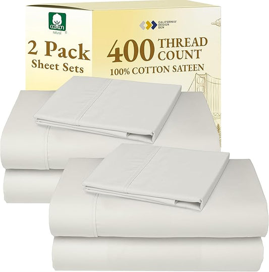 2-Pack Cotton Twin Sheet Sets - 400 Thread Count 100% Cotton Sateen - Extra Soft, Breathable & Cooling Sheets, Wrinkle Resistant, 2 Sets of Deep Pocket Bed Sheets - Ivory (Pale Tone)