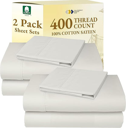 2-Pack Twin XL Sheet Set - 400 Thread Count Sateen 100% Cotton Twin XL Sheet Sets - Soft, Breathable & Cooling Sheets, Wrinkle Resistant, 2 Sets of Deep Pocket Bed Sheets - Ivory (Pale Tone)