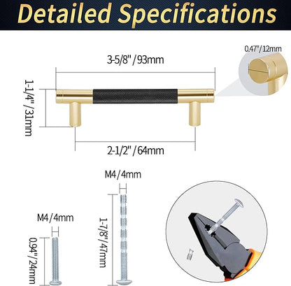 Knurled Cabinet Pulls 12 Pack, 3.5 Inch Long Cabinet Handles Metal Door Pulls, Kitchen Drawer Pull Knurled Dresser Handles - 2 1/2" Hole to Hole, Black & Gold