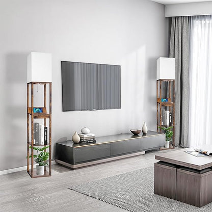 RUNTOP Floor Lamp with Shelves, Shelf Floor Lamp with Wireless Charger & 2 Charging USB Ports & Drawer, AC Outlet, 3 Color Temperature Tall Standing Lamp with Bulb for Living Room, Bedroom, Office