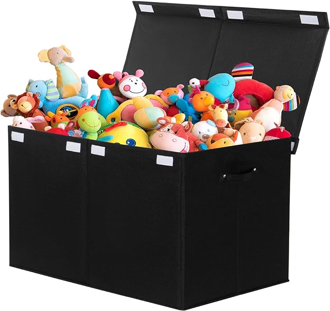popoly 122L Large Toy Box Chest with Lid, Foldable Toy Storage Organizer Bin Boxes with Removable Divider for Kids, Boys, Girls, Nursery, Playroom, 26"x17" x17"(Linen Black)