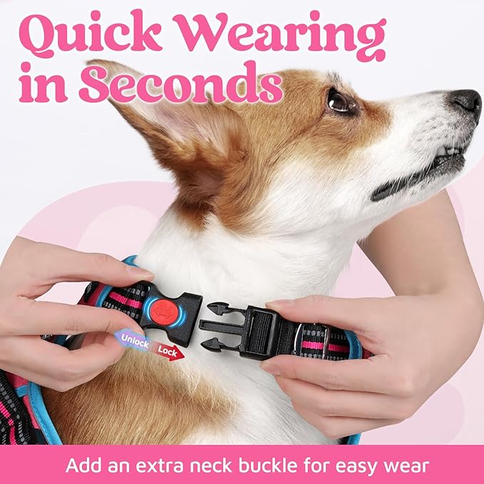 rabbitgoo Dog Harness for Large Dogs, No Pull Pet Vest with 3 Buckles, Adjustable Soft Padded Pet Harness with Easy Control Handle and Reflective Strips, Rose Pink & Blue, XL-Mewly Pet