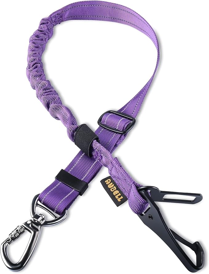 AUBELL Dog Seat Belt for Car,Updated 3-in-1 Adjustable Reflective Bungee Heavy Duty Dog Car Harness Tether with Clip Hook Latch & Buckle,Swivel Zinc Alloy Carabiner,Purple-Mewly Pet