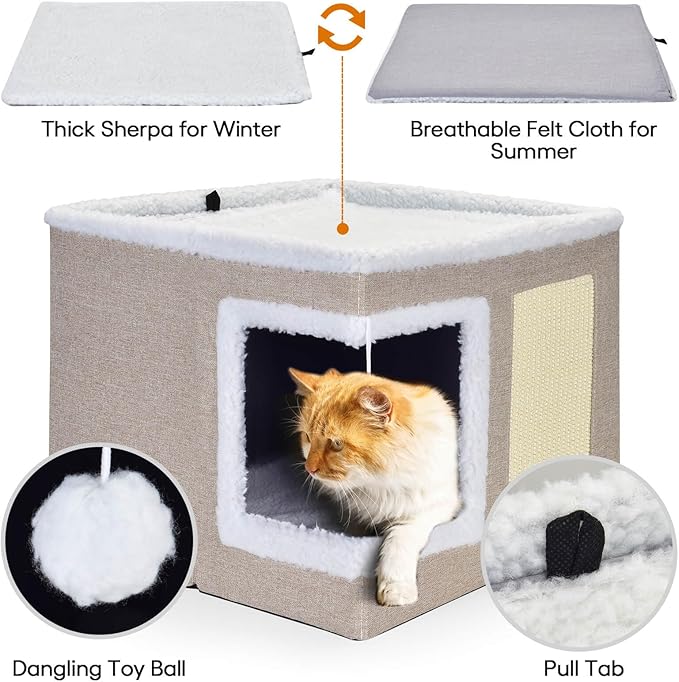 petizer Cat Bed for Indoor Cats, Large Covered Cat House with Scratch Pad, Foldable Cat Cave Bed & Hideaway Cube with Reversible Cushions, Cute Cat Condo for Multi Small Pet Kitten (Khaki)-Mewly Pet
