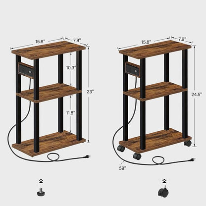 TUTOTAK Small Narrow Side Table with Charging Station, Skinny End Table for Small Spaces, Slim Nightstand with USB Ports and Outlet, Sofa Beside Table with Wheels, Brown TB01BB046