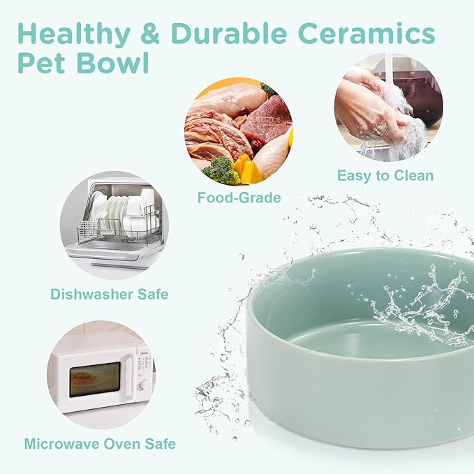 SPUNKYJUNKY Elevated Dog Bowls Ceramic, 5.1'' Dogs and Cat Food Water Bowls Raised with Non-Slip Bamboo Stand for Puppy Small Sized Breed Microwave Dishwasher Safe - 13.5 OZ,Light Green-Mewly Pet