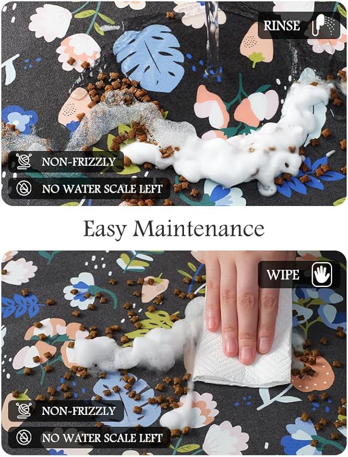 Pet Feeding Mat-Absorbent Dog Mat for Food and Water Bowl-No Stains Quick Dry Water Dispenser Mat-Dog Accessories Pet Supplies-Bowl for Messy Drinkers（DARKFLOWERS,16"x24"-Mewly Pet
