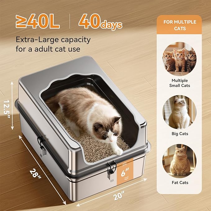 All-Metal 28" Extra Large Stainless Steel Cat Litter Boxes with Lid Metal Cat Litterbox Pan for Big Cats and Multiple Cats, Anti-Leakage, Easy Cleaning, Include Scoop-Mewly Pet