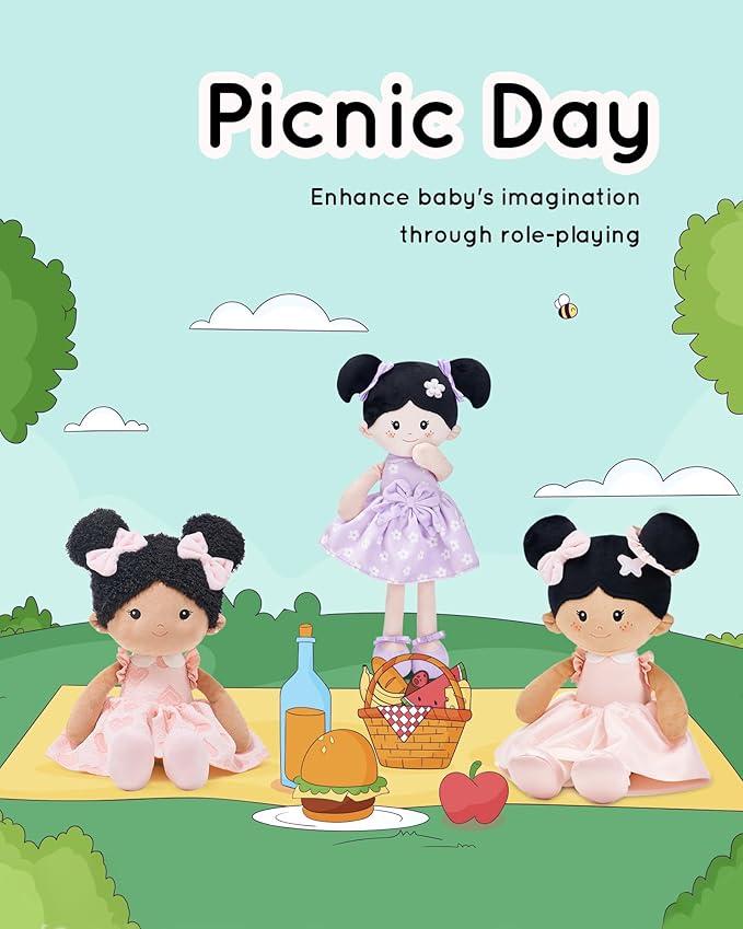 Soft Baby Doll Toys (16''), My First Baby Rag Doll for 1 Year-Old Girl Birthday Gift, Christmas Plush Toys Gift for Toddler Kids Infants-Sweetheart(Double Buns Tanned)-Mewly Pet