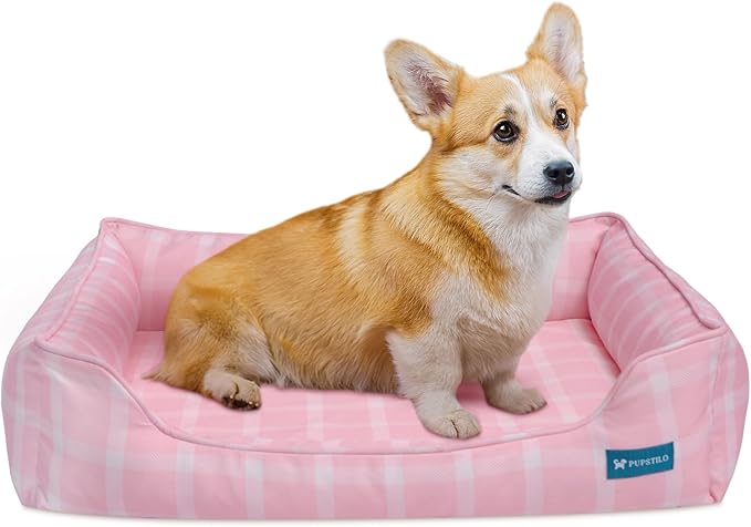 Orthopedic Bolster Dog Bed – CertiPUR-US Foam, Recycled Polyester Canvas, Washable Cover, Anti-Slip Bottom, Small, Pink Check – Stylish Designer Dog Sofa-Mewly Pet