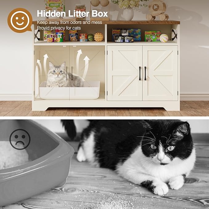 Cat Litter Box Enclosure for 2 Cats, 47" Hidden Litter Box Furniture Cat Washroom with Double Large Room, Farmhouse Indoor Litter Box Cabinet TV Stand, White-Mewly Pet