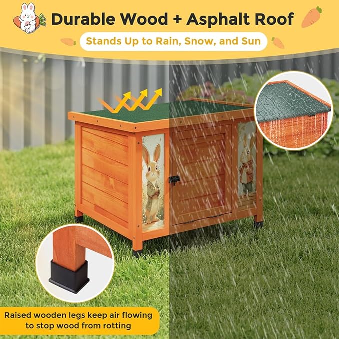 COZIWOW 24in Wooden Cat House Outdoor & Indoor Pet Shelter with Foldable Ramp - Weatherproof Rabbit Hutch with Unique Machine-Printed Art Designs for Cat, Rabbit, Guinea Pig (Orange)-Mewly Pet