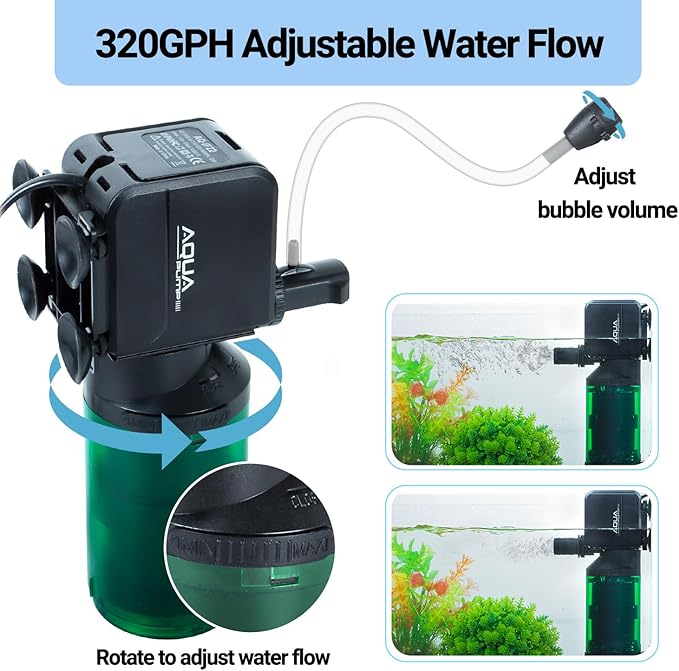 Oiibo 3-in-1 Adjustable Aquarium Filter for 40-150 Gallon, Internal Ceramic Balls&Bio-Sponges Power Water Filter with Air Tube, Silent Submersible Filter, 320GPH (Filter)-Mewly Pet