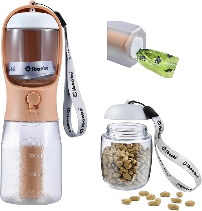Dog Water Bottle with Food Container & Poop Bag Holder, Travel Water Bowl, Portable Pet Dispenser, Dog Stuff Accessories Items, Puppy Essentials Necessities for Yorkie Chihuahua Walking Hiking-Mewly Pet