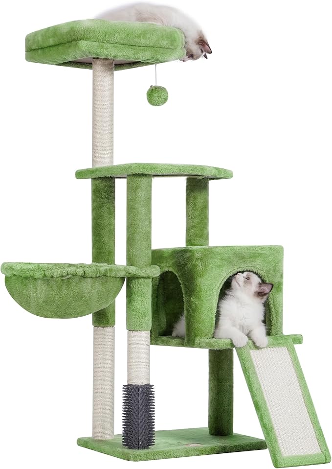 Heybly Cat Tree with Cat Self Groomer Brush, Cat Tower Condo for Indoor Cats with Padded Plush Perch, Cat House with Basket Scratching Board Post, Green HCT005SGR-Mewly Pet
