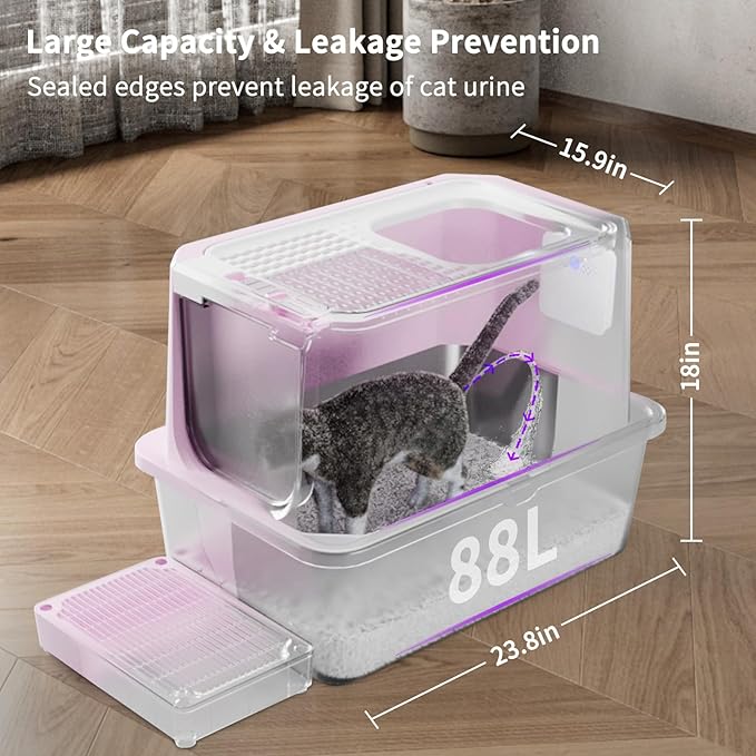 RIZZARI Stainless Steel Cat Litter Box, Semi-Enclosed with Raised Edges, Anti-Leakage & Odorless, Large for Small to Large Cats (Deep Pink, 23.8" L*15.9" W*18" H)-Mewly Pet