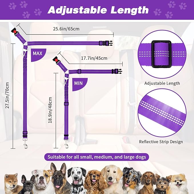 BWOGUE Pet Dog Cat Seat Belt Reflective Car Dog Headrest Restraint Leash Elastic Buffer Bungee Adjustable Tangle-Free Safety Leads Vehicle Seatbelt Harness for Small, Medium and Large Dogs (1 Pack)-Mewly Pet