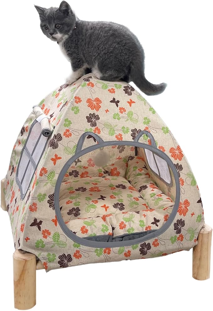 2-in-1 Elevated Cat Tent Cat House, Quick Assembly and Disassembly, Portable Indoor/Outdoor Cute Cat Bed Cave-Butterfly and Flower-Mewly Pet